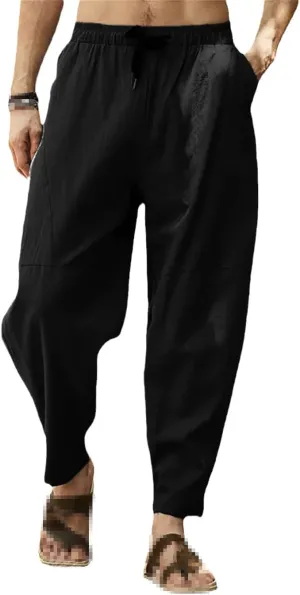 keusyoi Men's Harem Pants Cotton Linen Beach Pants Wide Leg Waist Loose Pants Casual Straight Elastic Waist Drawstring Pants