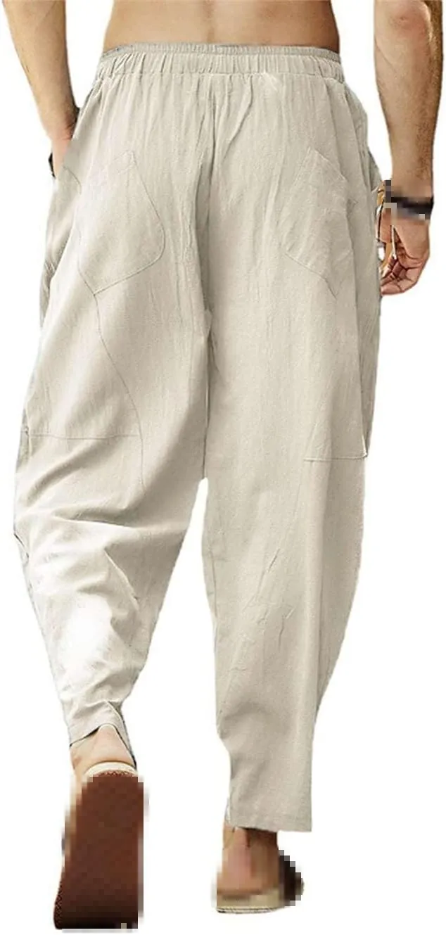 keusyoi Men's Harem Pants Cotton Linen Beach Pants Wide Leg Waist Loose Pants Casual Straight Elastic Waist Drawstring Pants