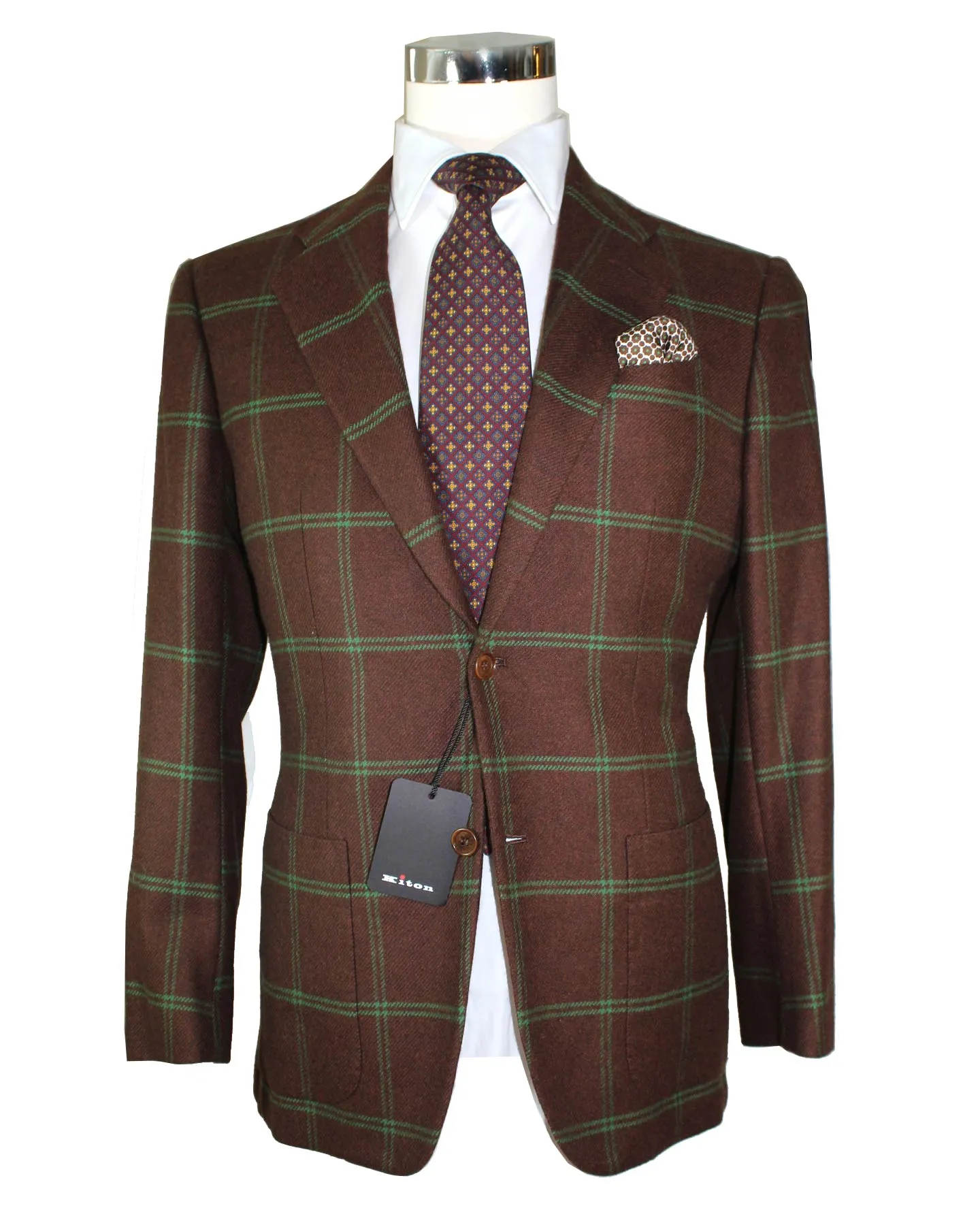 Kiton Cashmere Sport Coat Maroon Green Windowpane 2 Button EUR 50/ US 40 R REDUCED - SALE
