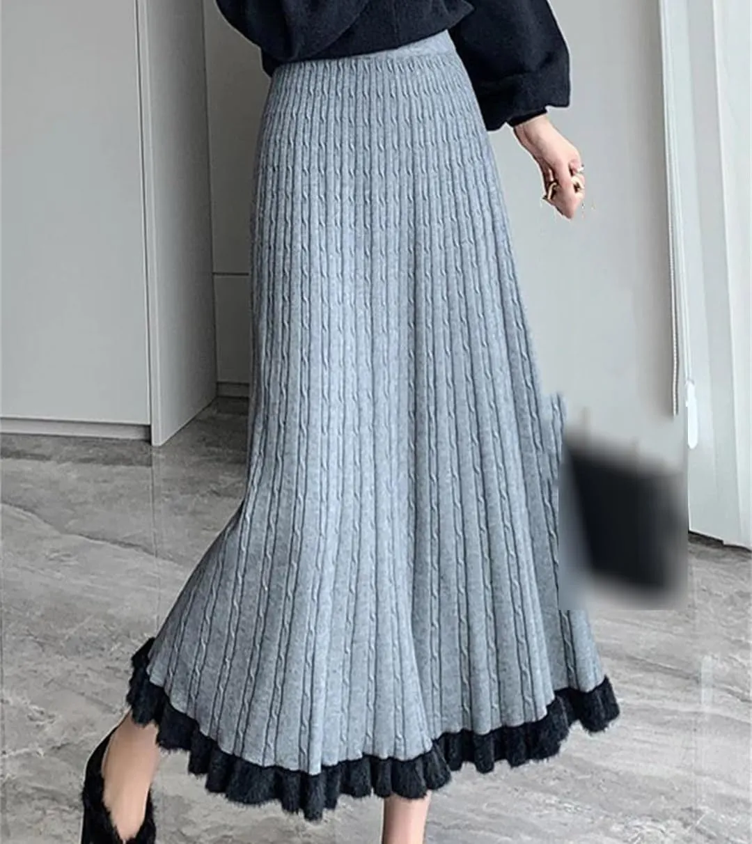 Knitted Long Skirt Women Winter Warm Midi Skirt Female Pleated Skirt High Waist A Line Skirt