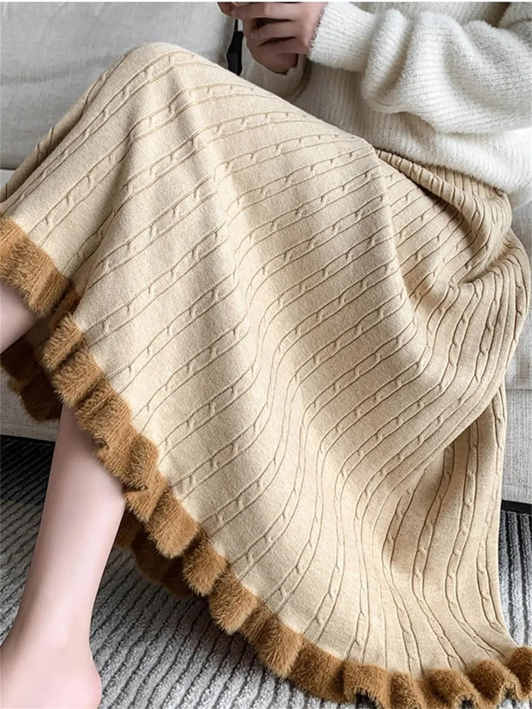 Knitted Long Skirt Women Winter Warm Midi Skirt Female Pleated Skirt High Waist A Line Skirt