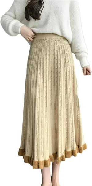 Knitted Long Skirt Women Winter Warm Midi Skirt Female Pleated Skirt High Waist A Line Skirt
