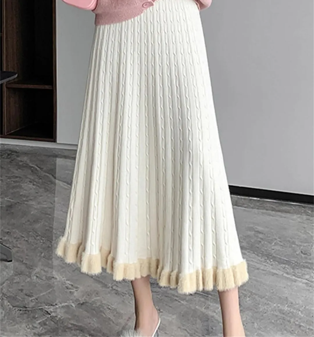 Knitted Long Skirt Women Winter Warm Midi Skirt Female Pleated Skirt High Waist A Line Skirt