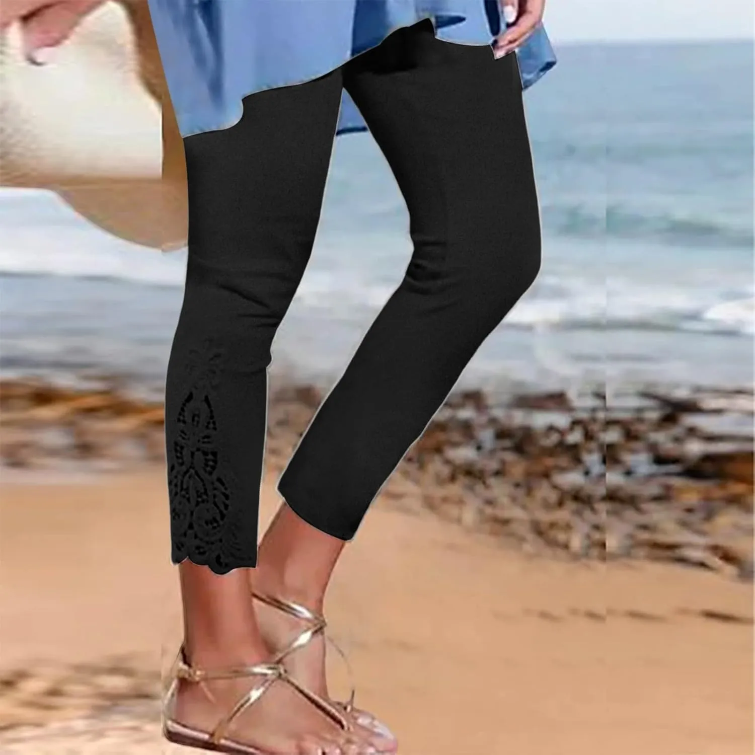 Lace Leggings for Women 2024 Trendy Plus Size High Waist Capri Cropped Leggings Slim Fitting Stretch Tights Summer Yoga Pants