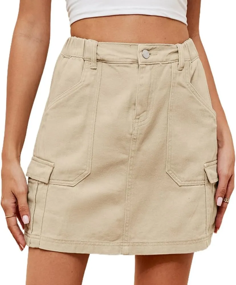 LAFOURAM Womens Denim Skirt Summer with Pockets A Line High Waisted Y2K Cargo Mini Jean Skirts