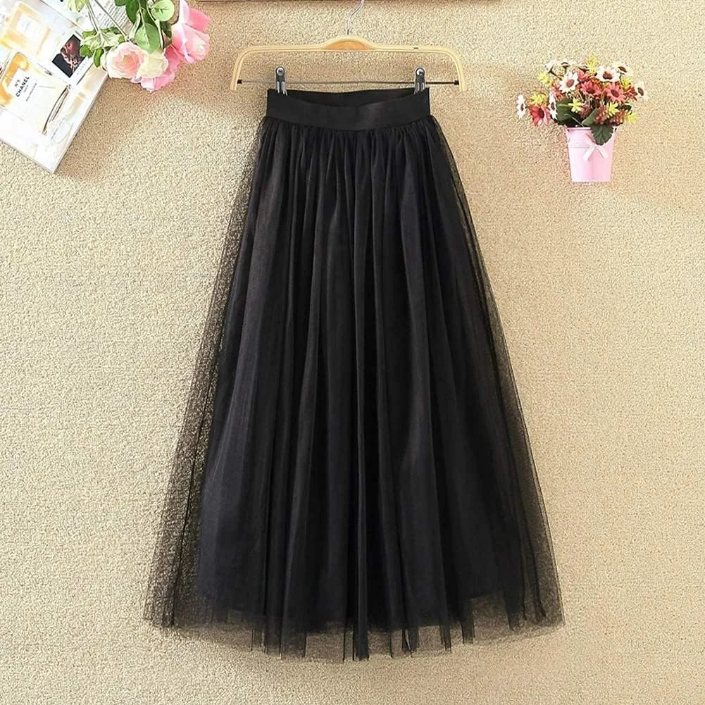 LBKKC Women's Midi Tulle Skirt Elastic Waist 3 Layered Mesh Formal Prom Party Tutu Skirt A Line