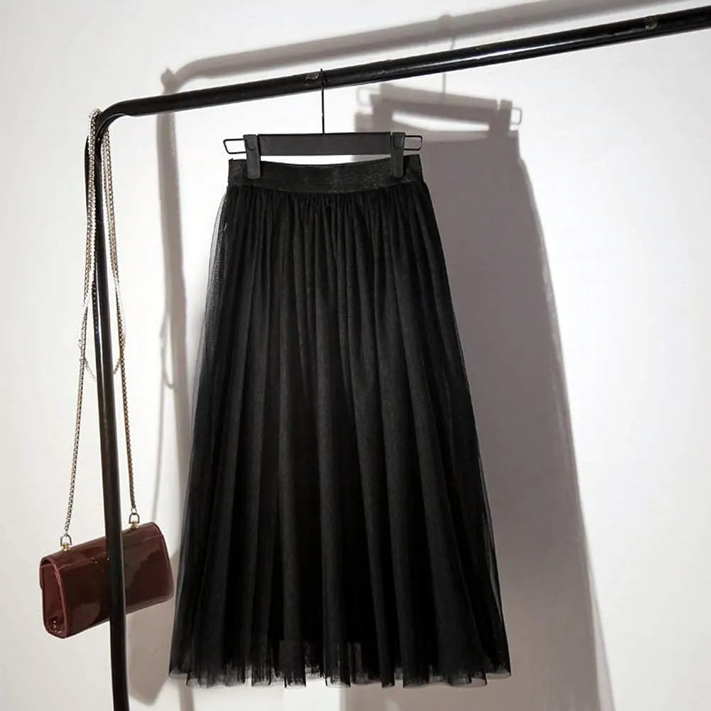 LBKKC Women's Midi Tulle Skirt Elastic Waist 3 Layered Mesh Formal Prom Party Tutu Skirt A Line