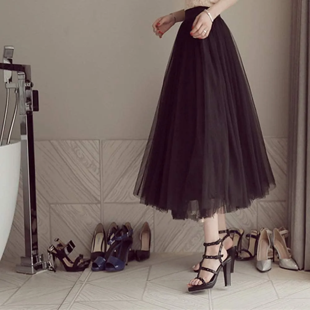 LBKKC Women's Midi Tulle Skirt Elastic Waist 3 Layered Mesh Formal Prom Party Tutu Skirt A Line