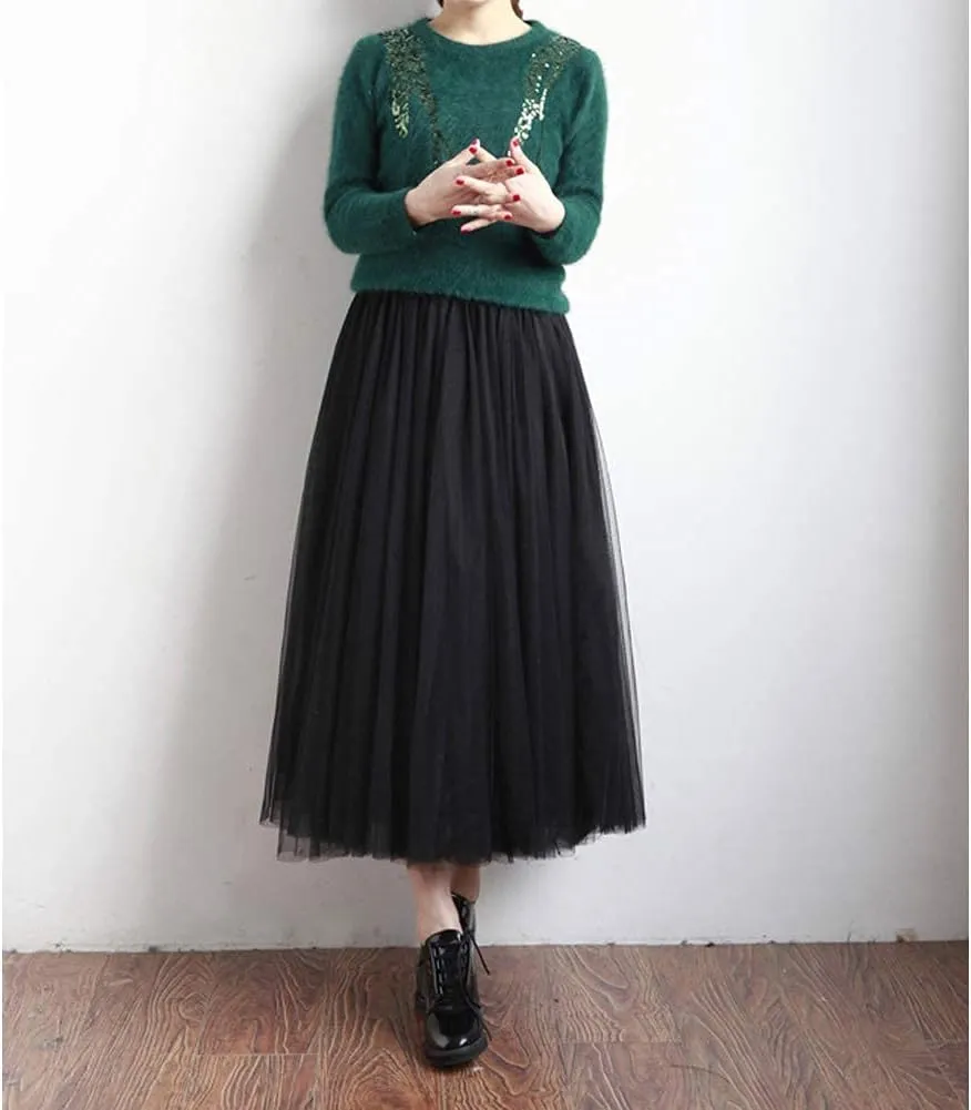 LBKKC Women's Midi Tulle Skirt Elastic Waist 3 Layered Mesh Formal Prom Party Tutu Skirt A Line