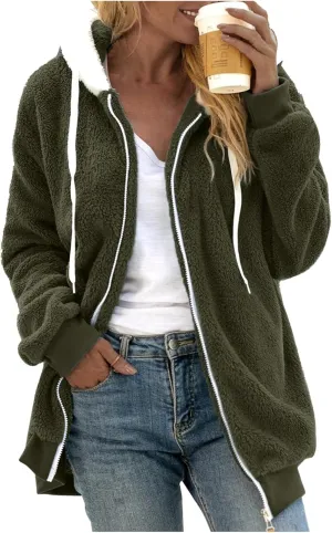 LCMTWX Womens 2023 Winter Fuzzy Fleece Jacket Artificial Wool Zipper Drawstring Solid Oversized Fuzzy Fleece Fluffy Fall
