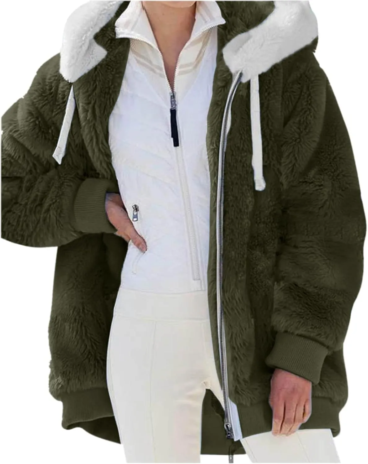 LCMTWX Womens 2023 Winter Fuzzy Fleece Jacket Artificial Wool Zipper Drawstring Solid Oversized Fuzzy Fleece Fluffy Fall