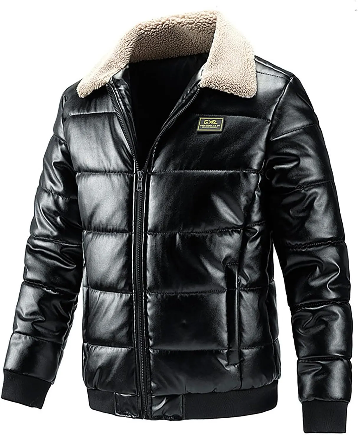 lcziwo men pu-leather jacket Sherpa Lapel zip up Quilted Puffer Jackets Long Sleeve Thermal padded Cotton Coat winter