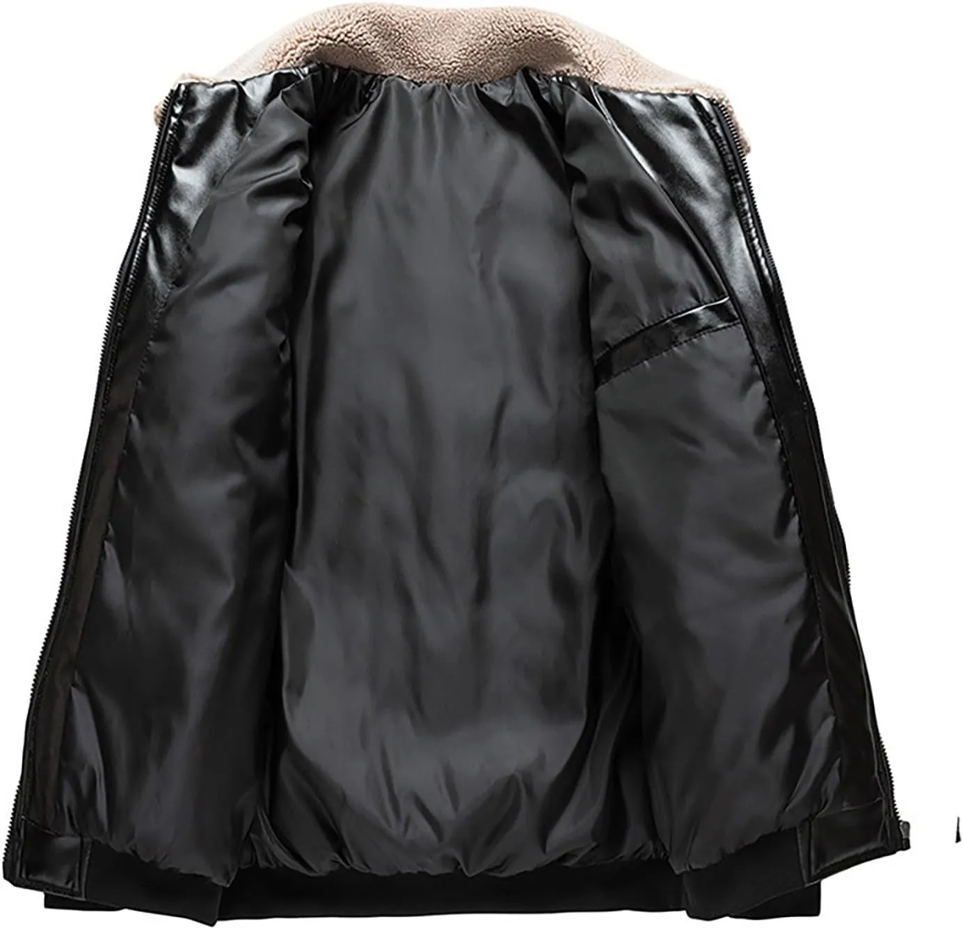 lcziwo men pu-leather jacket Sherpa Lapel zip up Quilted Puffer Jackets Long Sleeve Thermal padded Cotton Coat winter