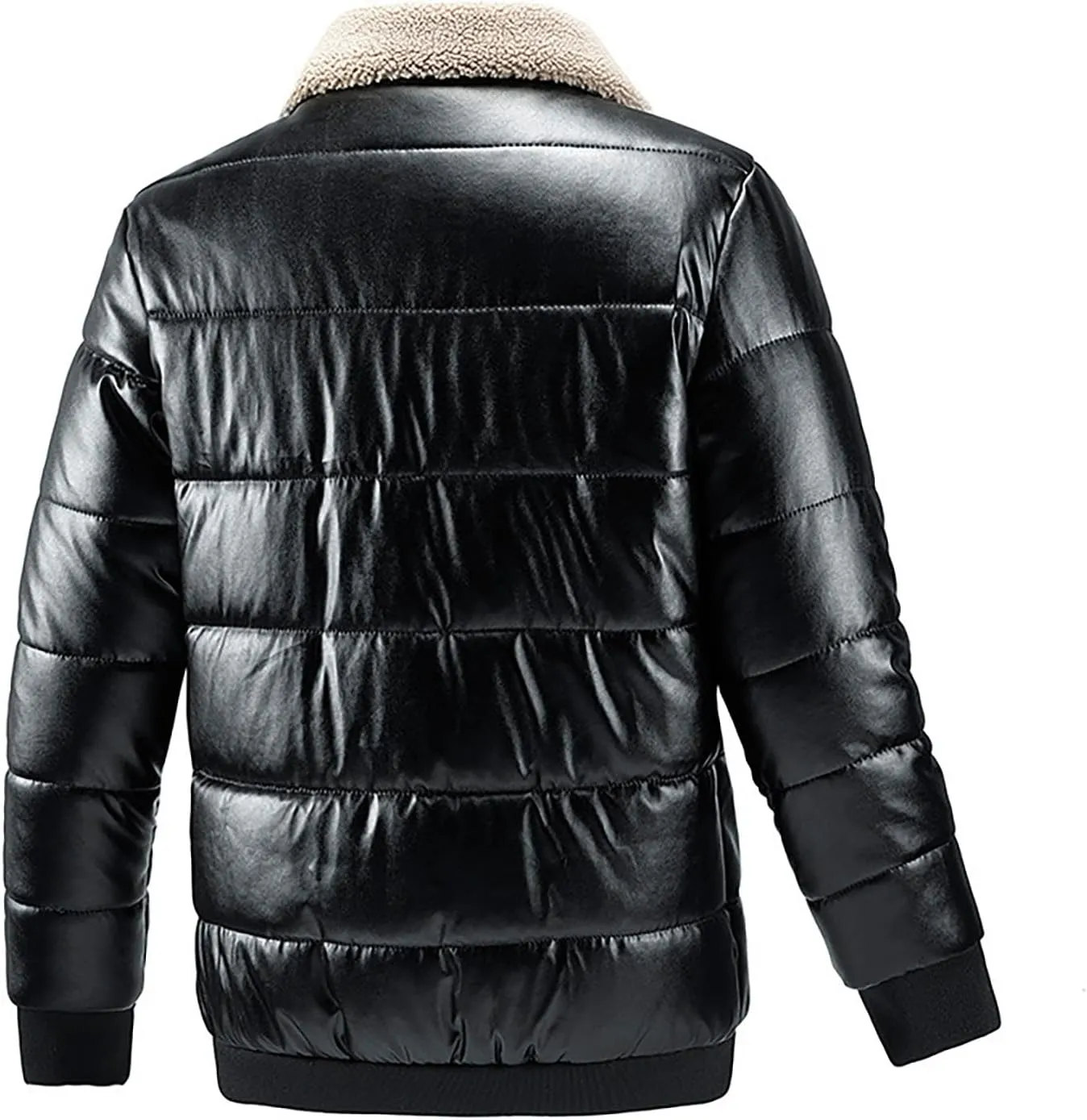 lcziwo men pu-leather jacket Sherpa Lapel zip up Quilted Puffer Jackets Long Sleeve Thermal padded Cotton Coat winter