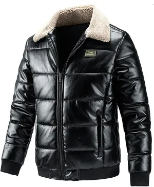 lcziwo men pu-leather jacket Sherpa Lapel zip up Quilted Puffer Jackets Long Sleeve Thermal padded Cotton Coat winter
