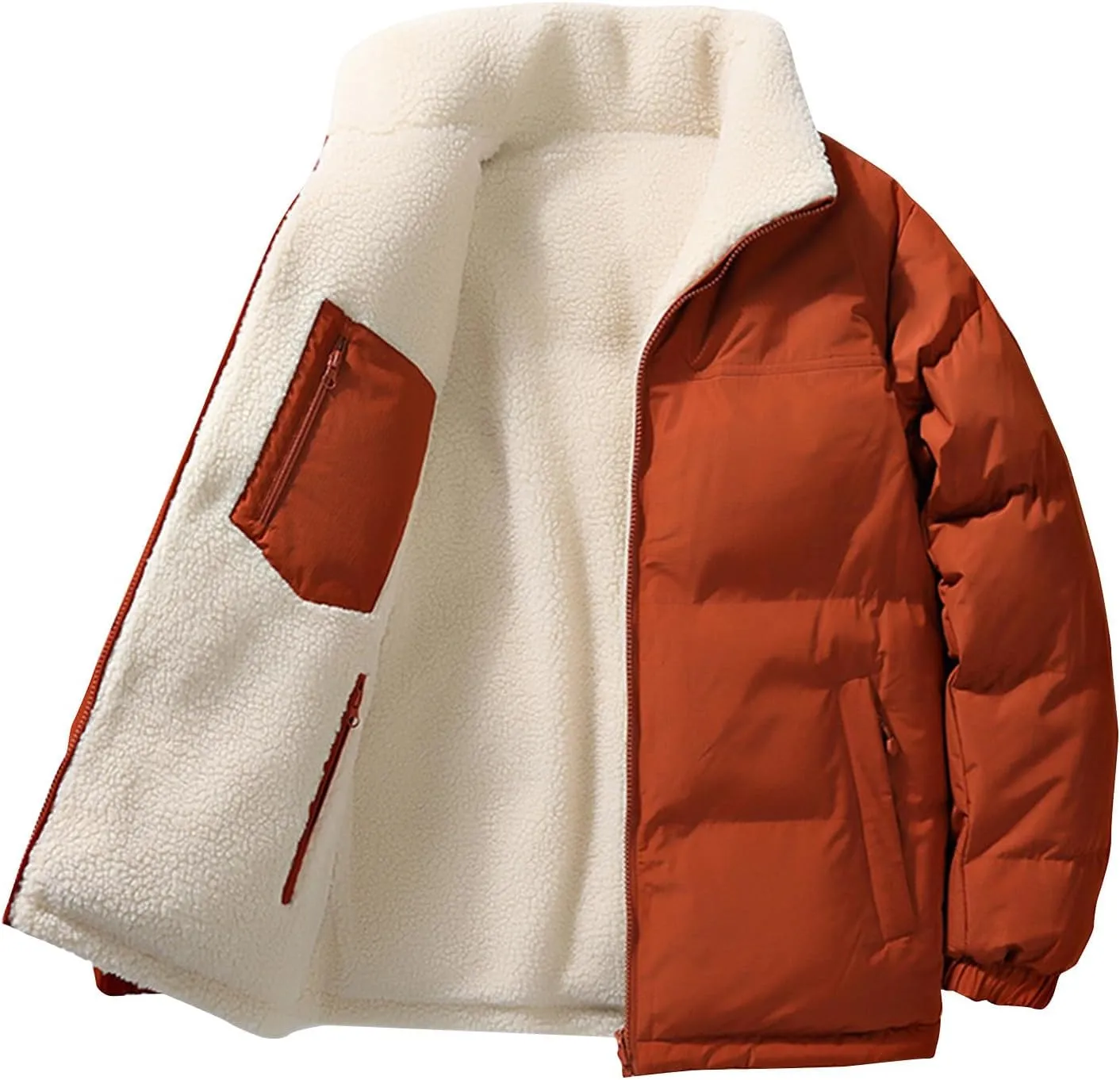 lcziwo Men's Reversible Puffer Jacket Sherpa Fleece Lined Warm Thick Quilted zip up Stand Collar cozy winter coat