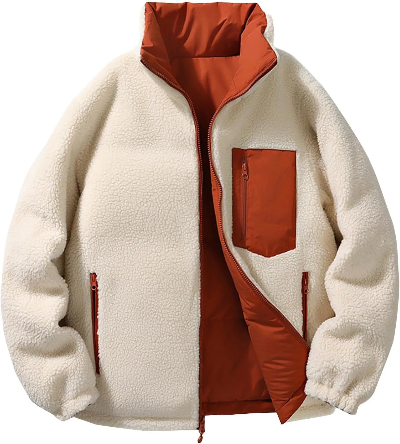 lcziwo Men's Reversible Puffer Jacket Sherpa Fleece Lined Warm Thick Quilted zip up Stand Collar cozy winter coat