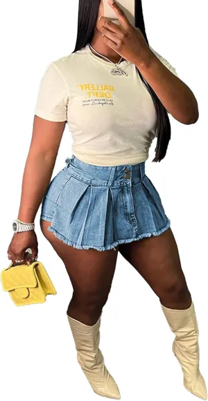 LETSVDO Women's Denim Skorts Skirts High Waisted Y2k Pleated Ruffle A Line Frayed Flare Sexy Jean Mini Skirt Shorts