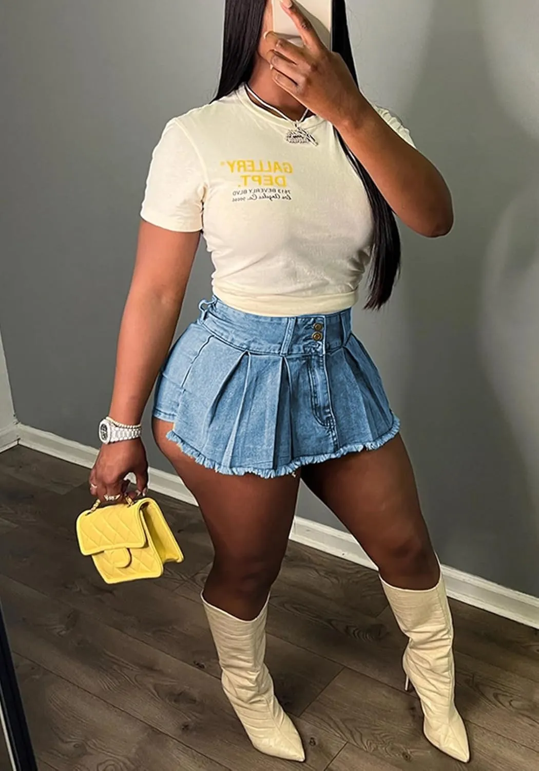LETSVDO Women's Denim Skorts Skirts High Waisted Y2k Pleated Ruffle A Line Frayed Flare Sexy Jean Mini Skirt Shorts