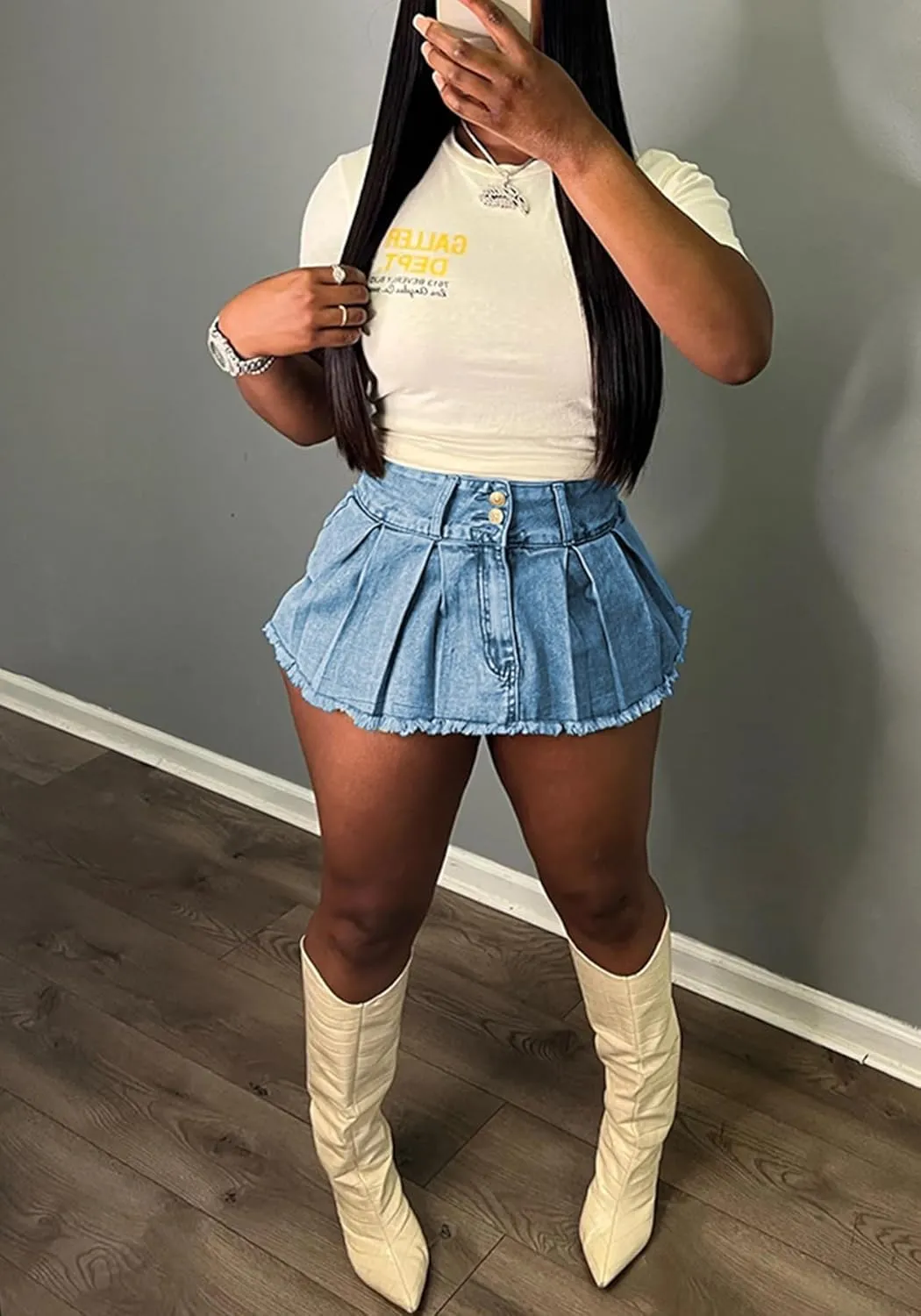 LETSVDO Women's Denim Skorts Skirts High Waisted Y2k Pleated Ruffle A Line Frayed Flare Sexy Jean Mini Skirt Shorts