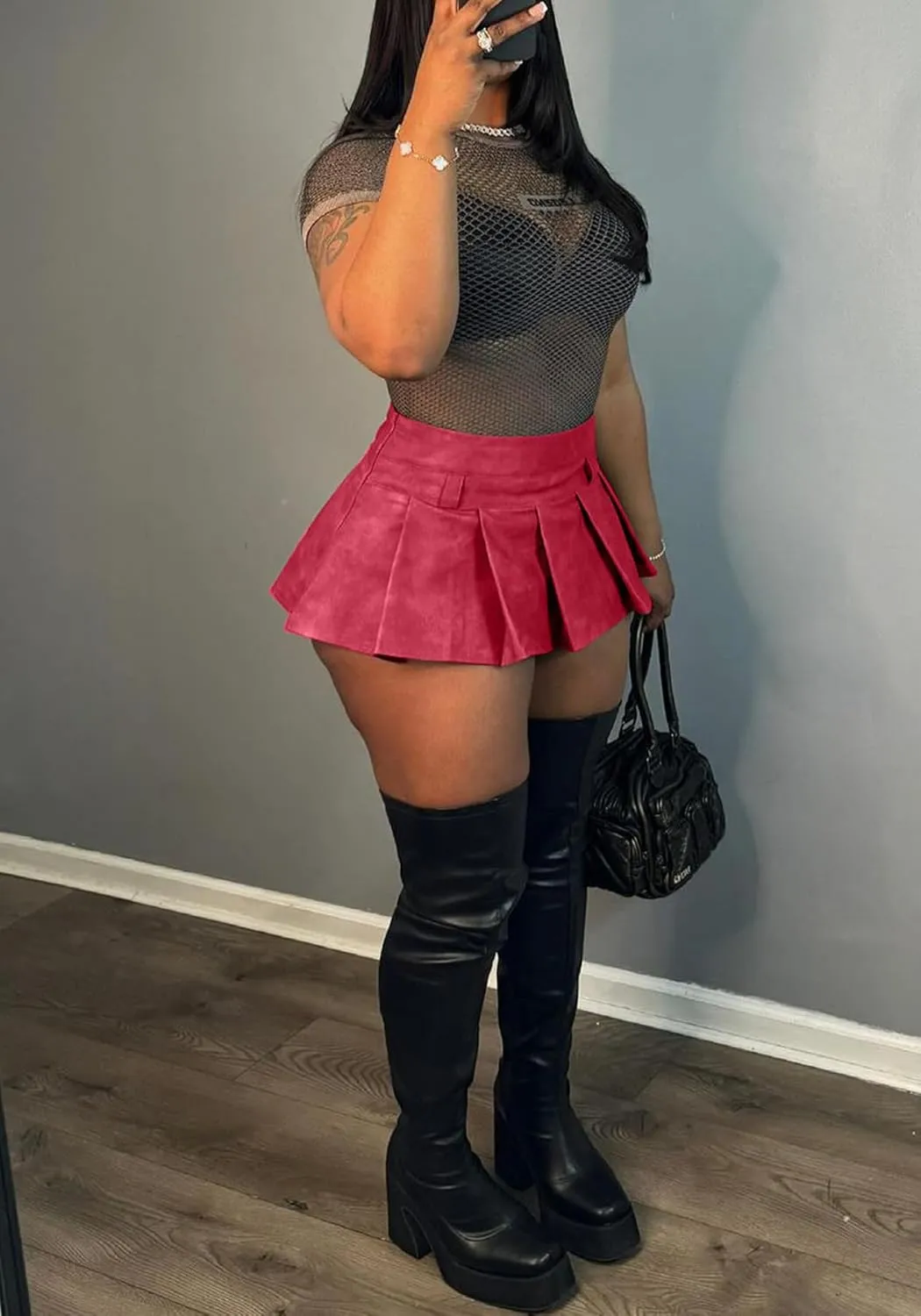 LETSVDO Women's Leather Skirt Mini Pleated High Waisted Y2k A Line Flare Skater Short Skirts