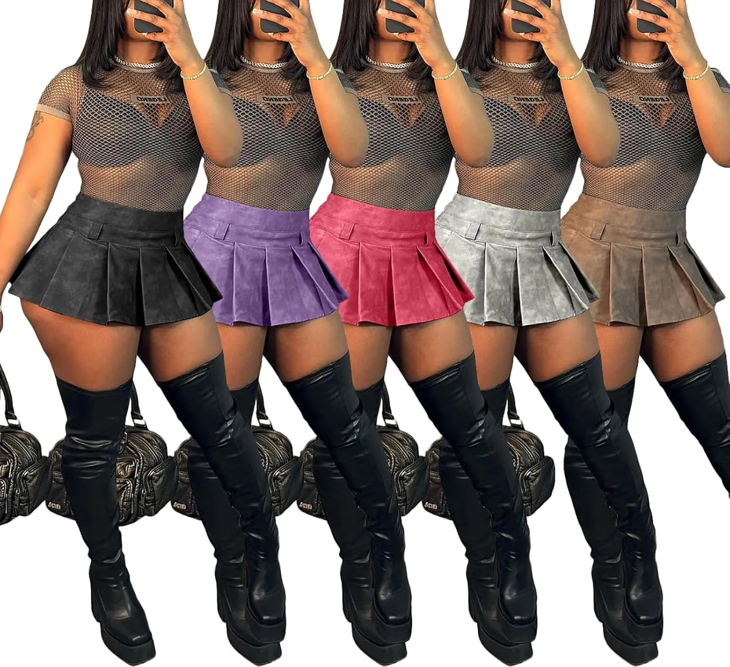 LETSVDO Women's Leather Skirt Mini Pleated High Waisted Y2k A Line Flare Skater Short Skirts