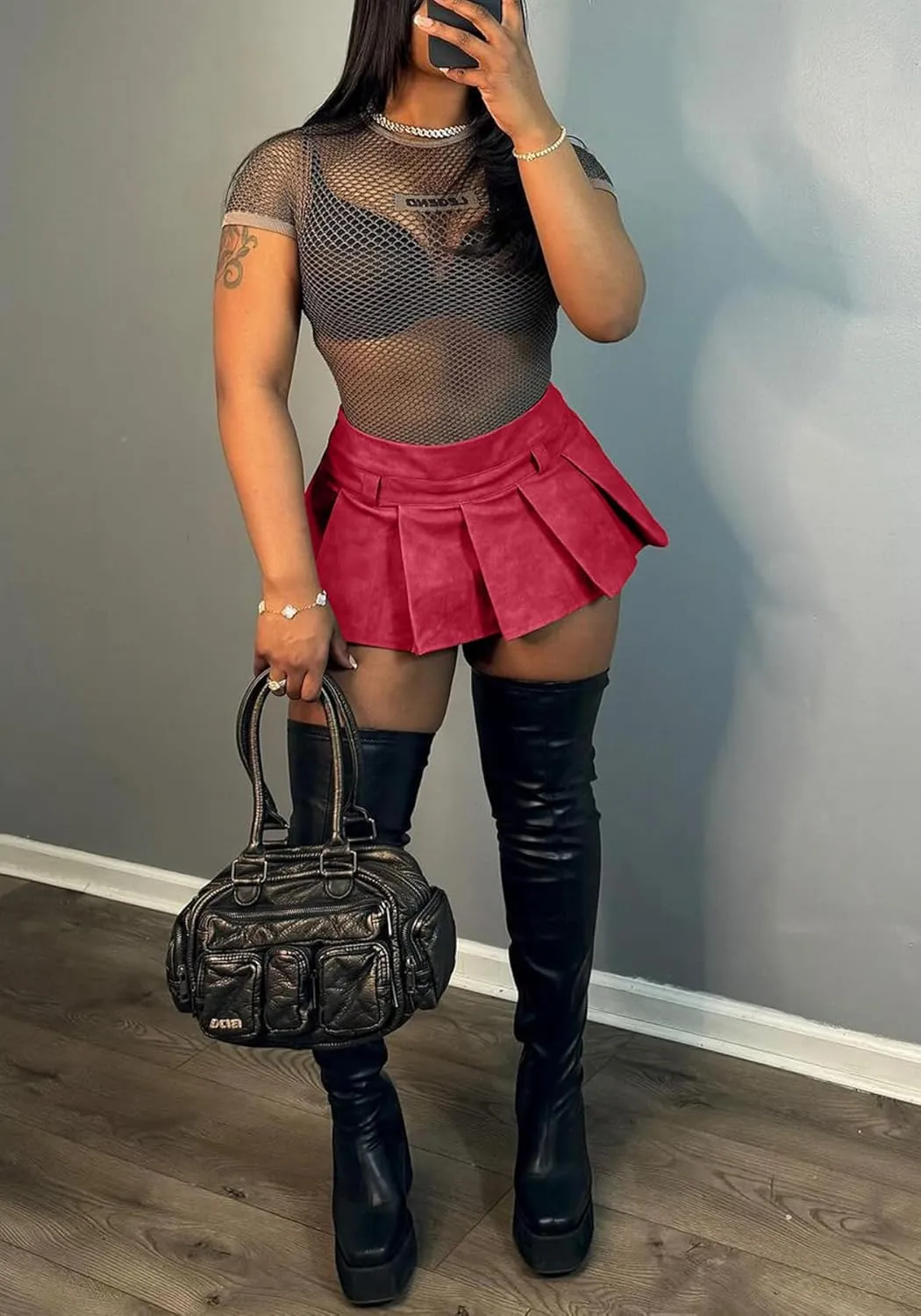 LETSVDO Women's Leather Skirt Mini Pleated High Waisted Y2k A Line Flare Skater Short Skirts