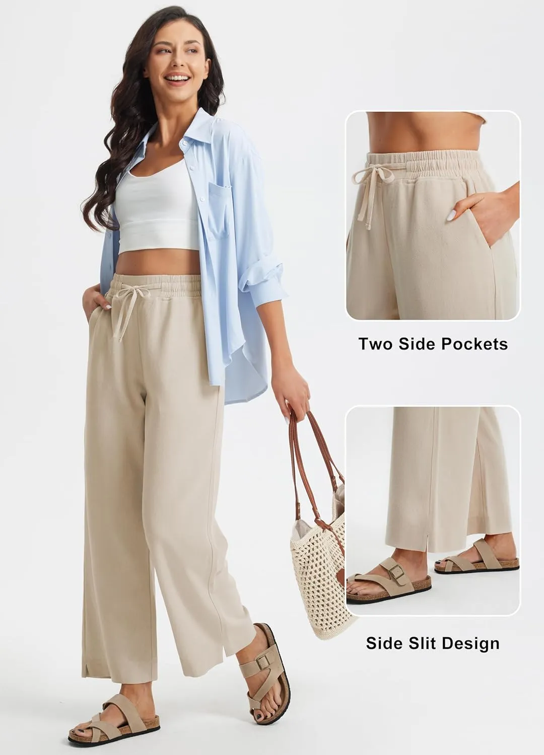 Libin Linen Pants Women Wide Leg Casual Beach Pants Cotton Linen Summer Lounge Pants Travel Work Trousers with Pockets
