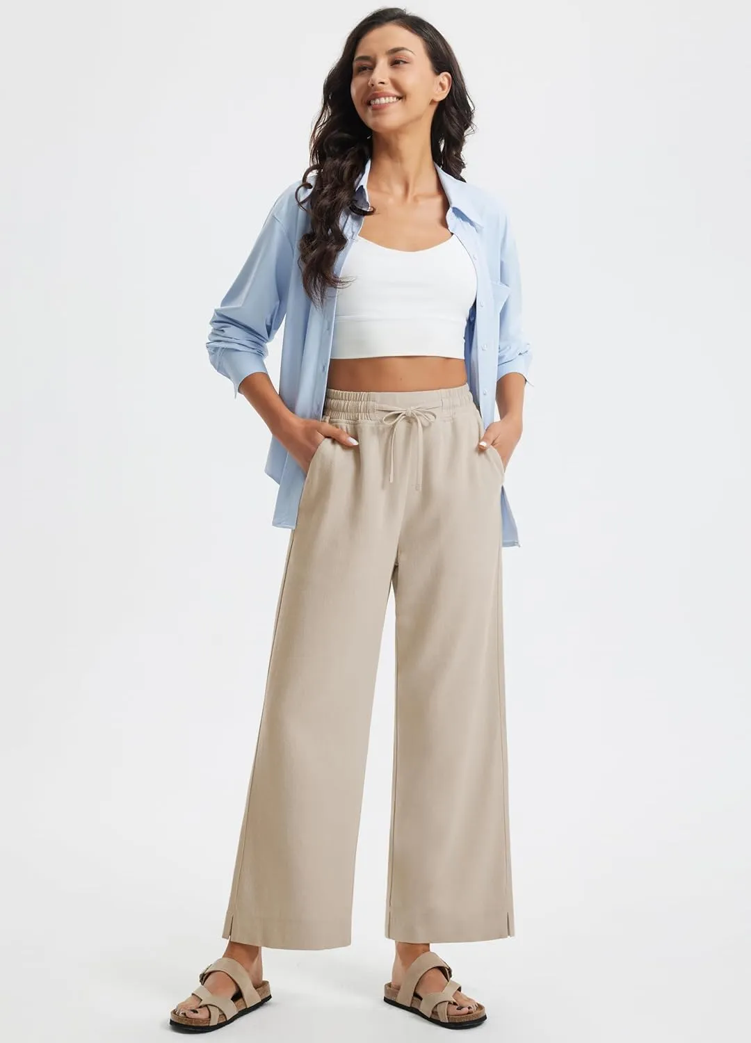 Libin Linen Pants Women Wide Leg Casual Beach Pants Cotton Linen Summer Lounge Pants Travel Work Trousers with Pockets