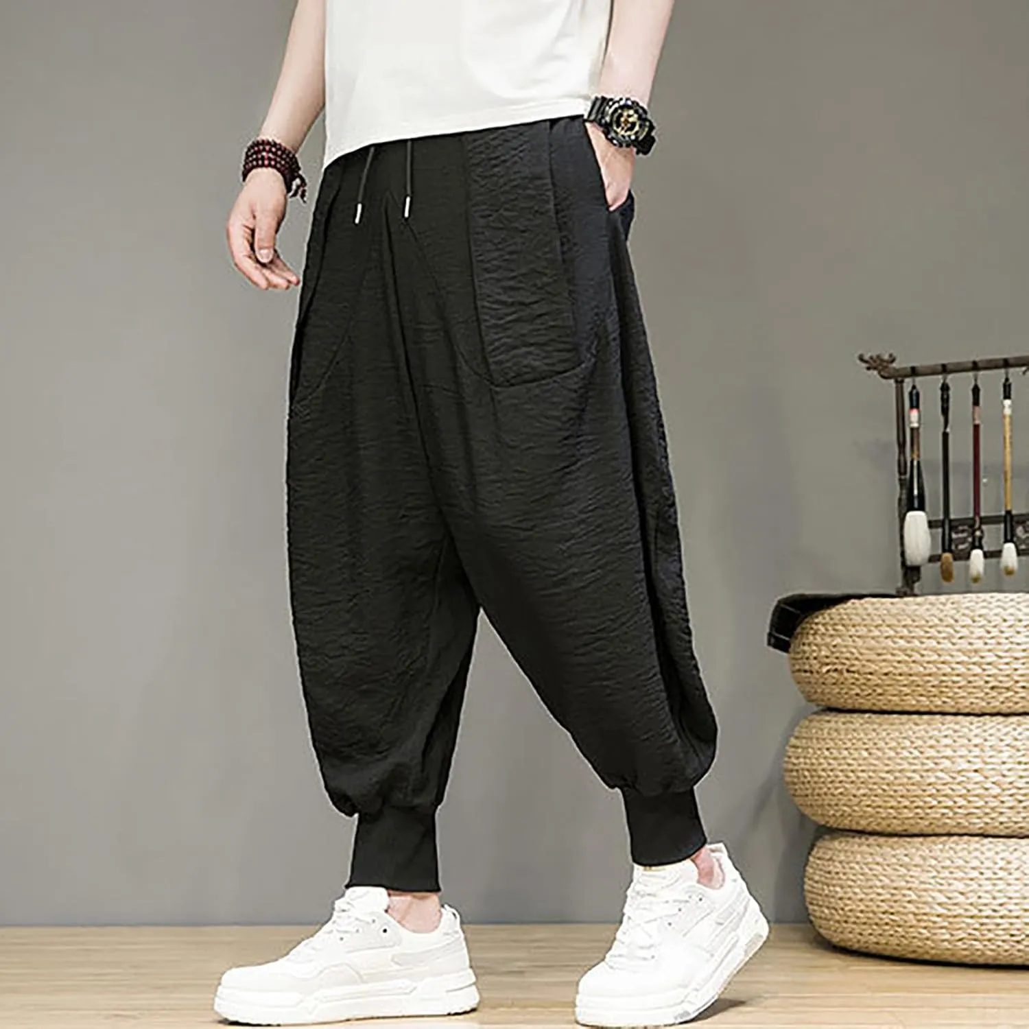 Linen Cotton Wide Leg Harem Pants for Men Retro Hip Hop Pockets Trousers with Drawstrings Loose Comfy Casual Pajama Pants