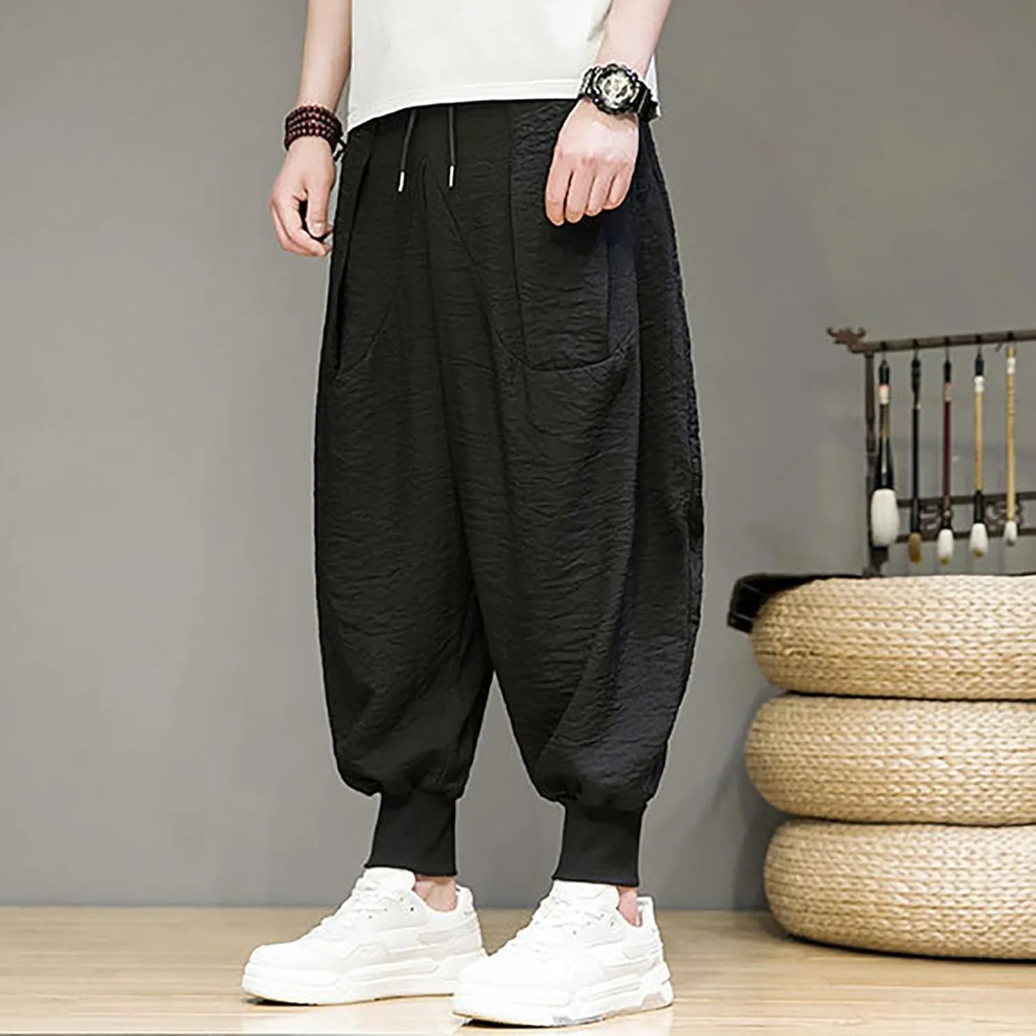 Linen Cotton Wide Leg Harem Pants for Men Retro Hip Hop Pockets Trousers with Drawstrings Loose Comfy Casual Pajama Pants