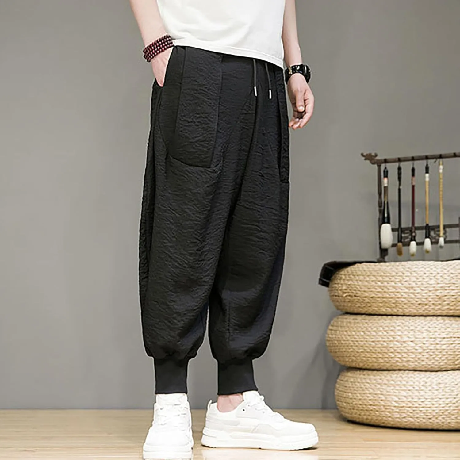 Linen Cotton Wide Leg Harem Pants for Men Retro Hip Hop Pockets Trousers with Drawstrings Loose Comfy Casual Pajama Pants
