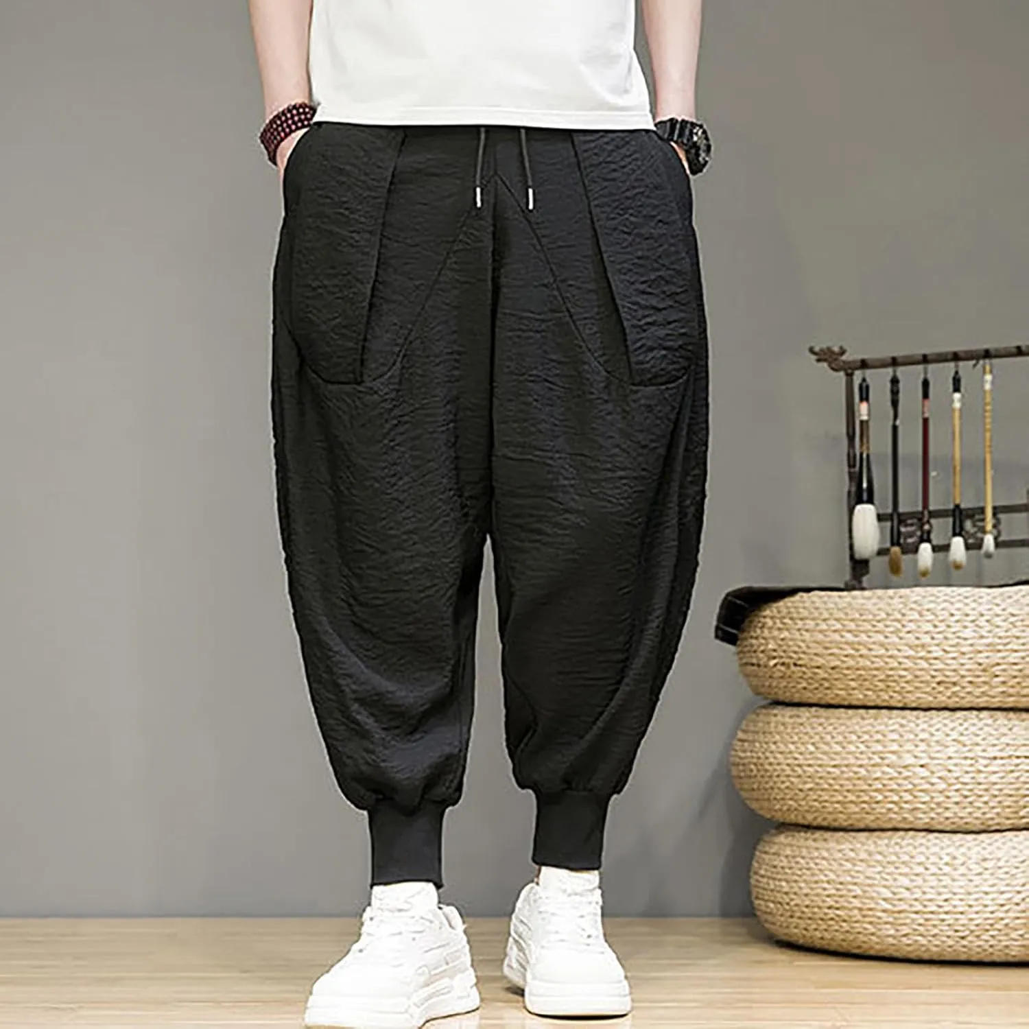 Linen Cotton Wide Leg Harem Pants for Men Retro Hip Hop Pockets Trousers with Drawstrings Loose Comfy Casual Pajama Pants