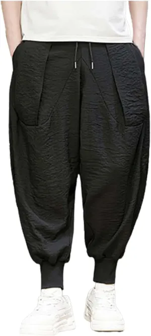 Linen Cotton Wide Leg Harem Pants for Men Retro Hip Hop Pockets Trousers with Drawstrings Loose Comfy Casual Pajama Pants