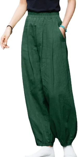 Linen Palazzo Pants for Women Boho Wide Leg Elastic High Waist Casual Lounge Pant Solid Cotton Trousers with Pocket