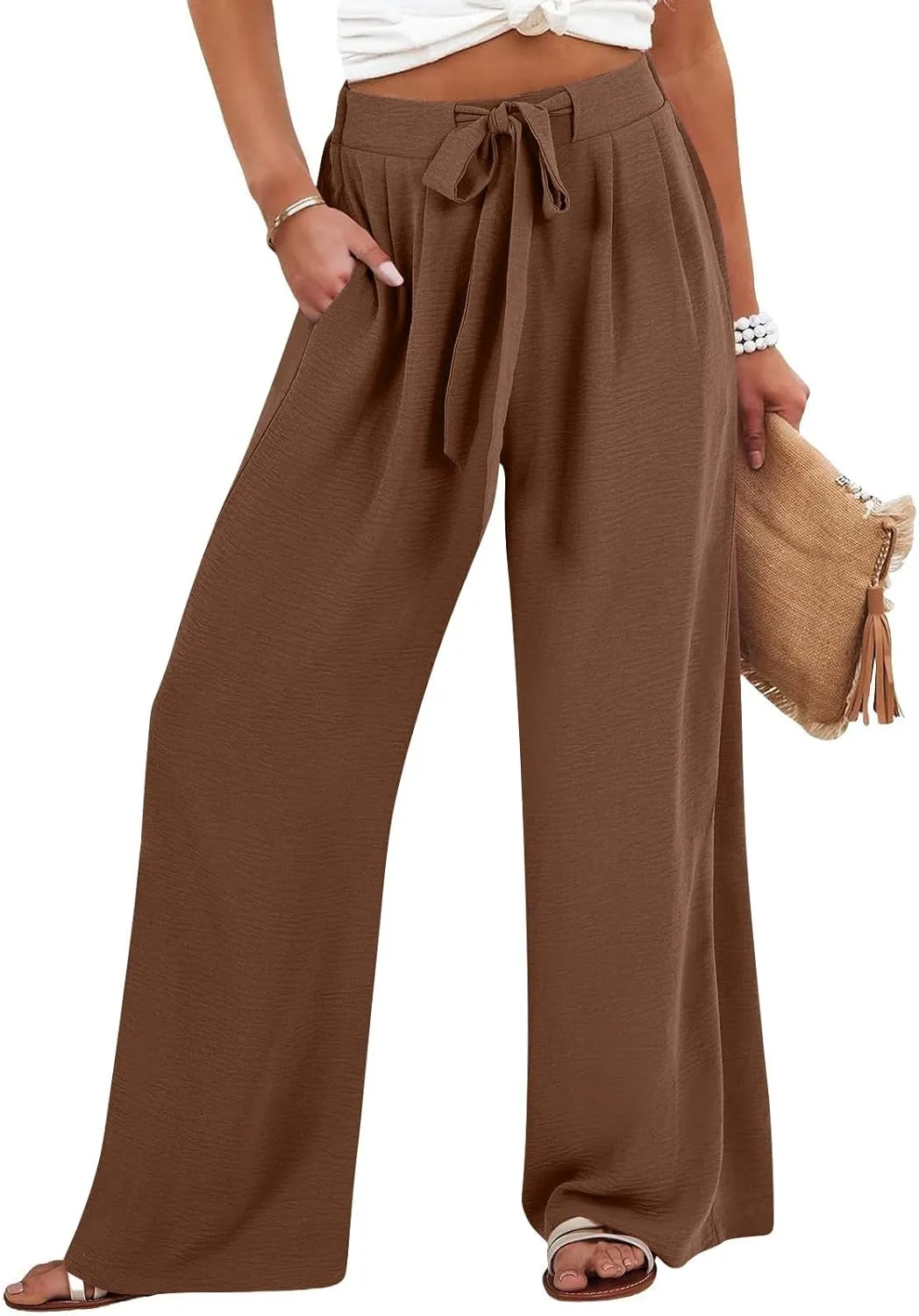 Linen Pants for Women 2025 Dressy High Waisted Wide Leg Palazzo Pants Summer Casual Loose Flowy Trousers with Pocket