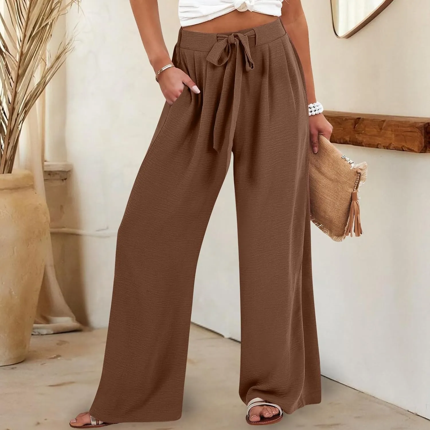 Linen Pants for Women 2025 Dressy High Waisted Wide Leg Palazzo Pants Summer Casual Loose Flowy Trousers with Pocket