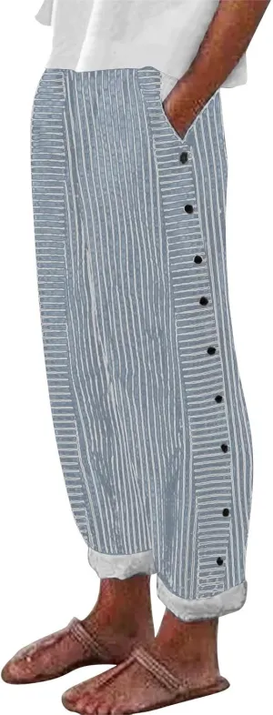 Linen Pants for Women 2025 Trendy Striped Spring Summer Casual Pants High Waist Straight Leg Trousers with Pockets