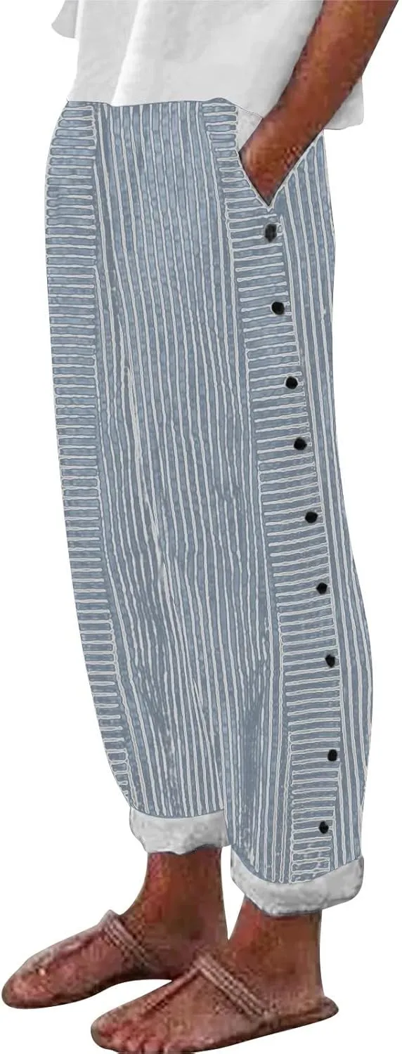 Linen Pants for Women 2025 Trendy Striped Spring Summer Casual Pants High Waist Straight Leg Trousers with Pockets