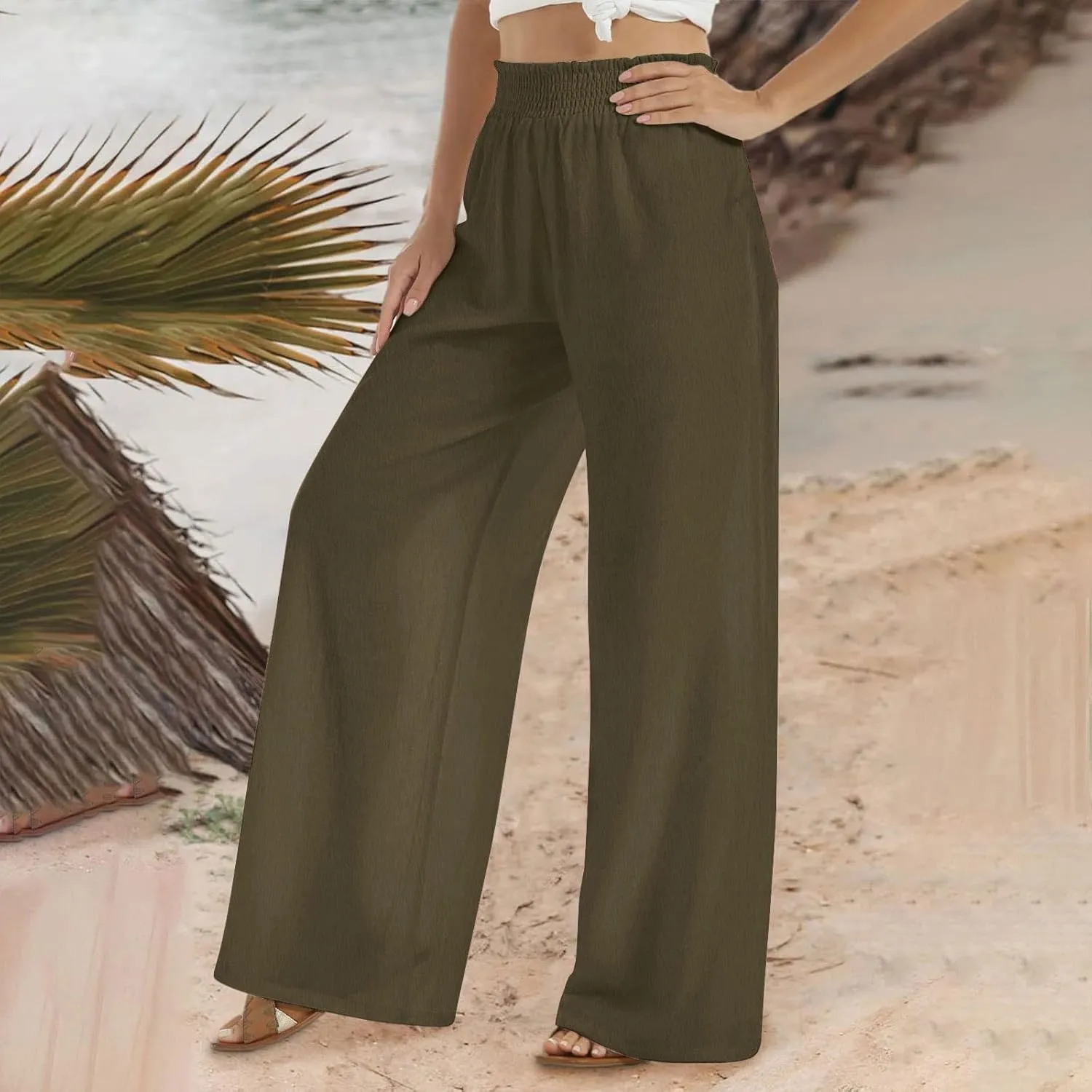 Linen Pants for Women Palazzo Wide Leg Elastic High Waisted Straight Wide Pant with Pockets Flared Trousers 2025
