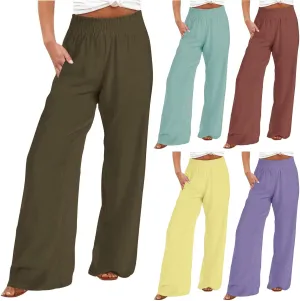 Linen Pants for Women Palazzo Wide Leg Elastic High Waisted Straight Wide Pant with Pockets Flared Trousers 2025