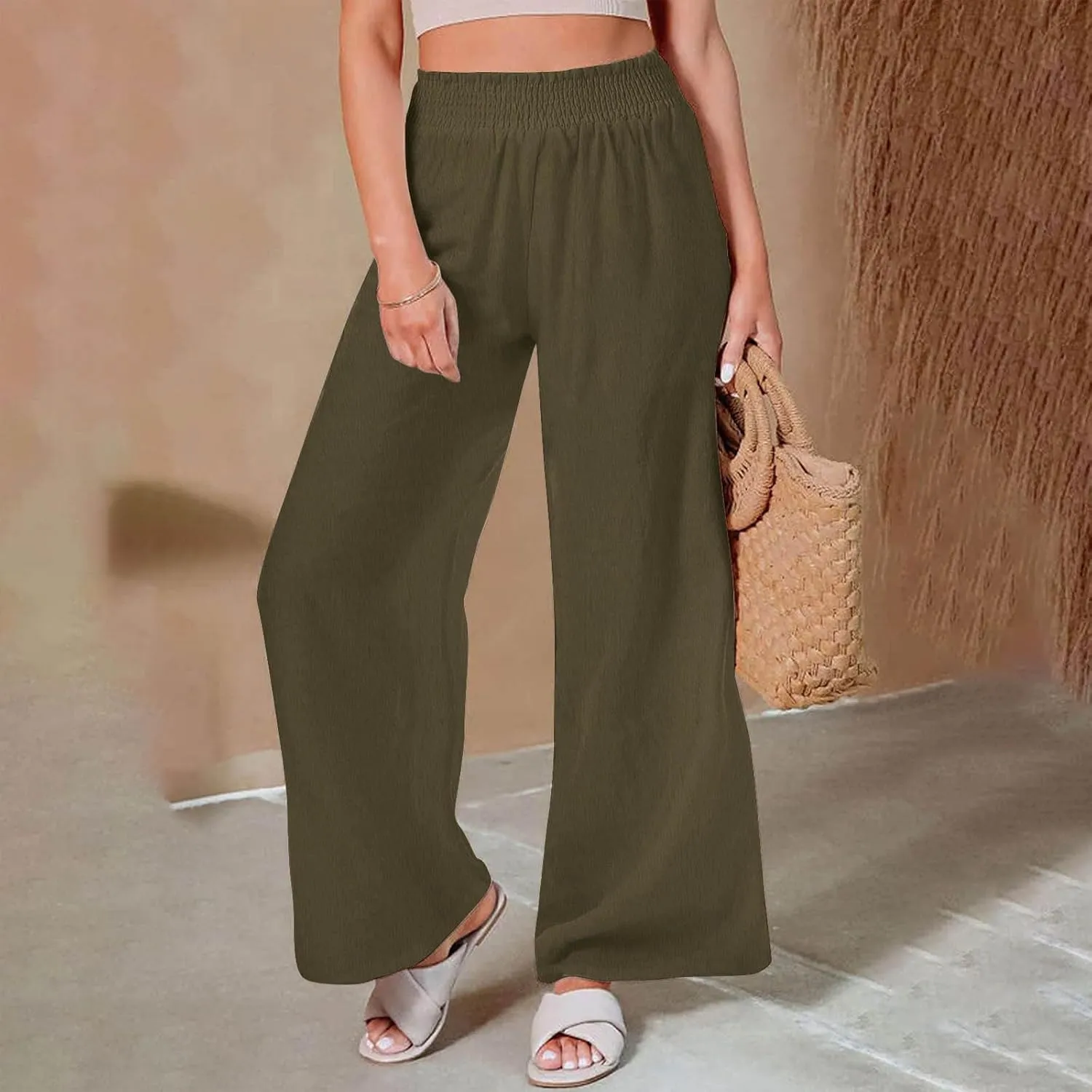 Linen Pants for Women Palazzo Wide Leg Elastic High Waisted Straight Wide Pant with Pockets Flared Trousers 2025