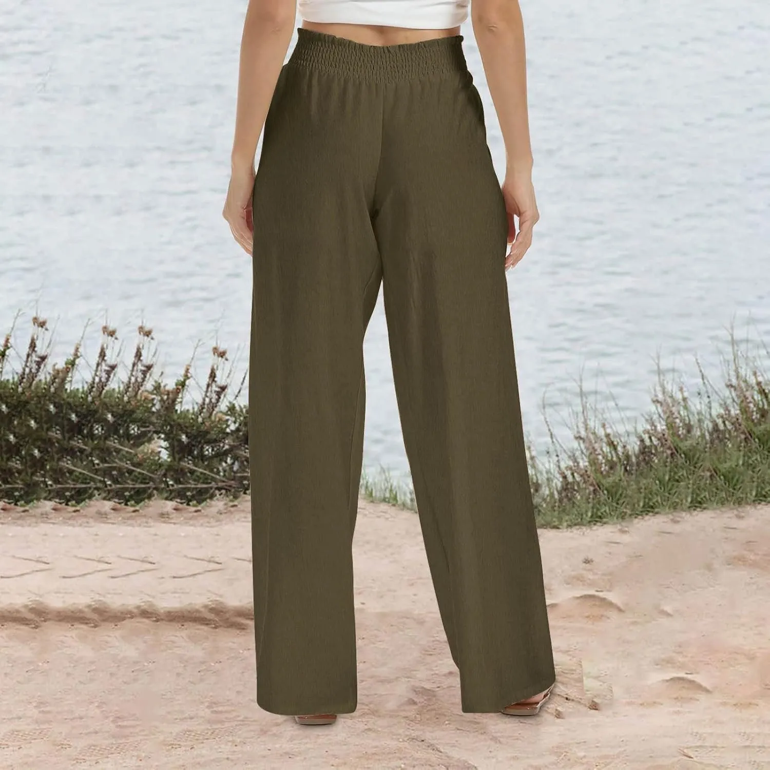 Linen Pants for Women Palazzo Wide Leg Elastic High Waisted Straight Wide Pant with Pockets Flared Trousers 2025