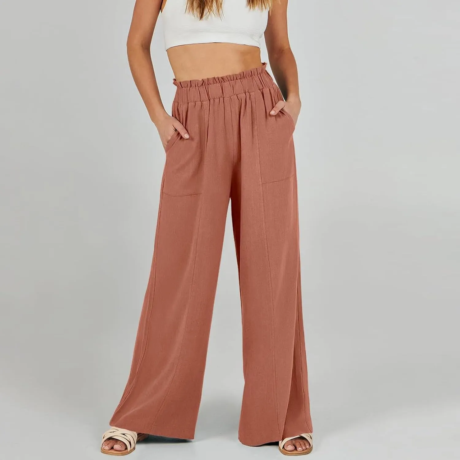 Linen Pants for Women Summer High Waisted Wide Leg Pants Baggy Casual Beach Pants Flowy Palazzo Pants with Pockets
