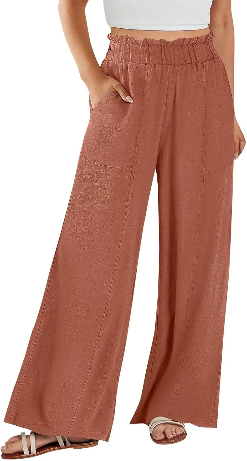 Linen Pants for Women Summer High Waisted Wide Leg Pants Baggy Casual Beach Pants Flowy Palazzo Pants with Pockets