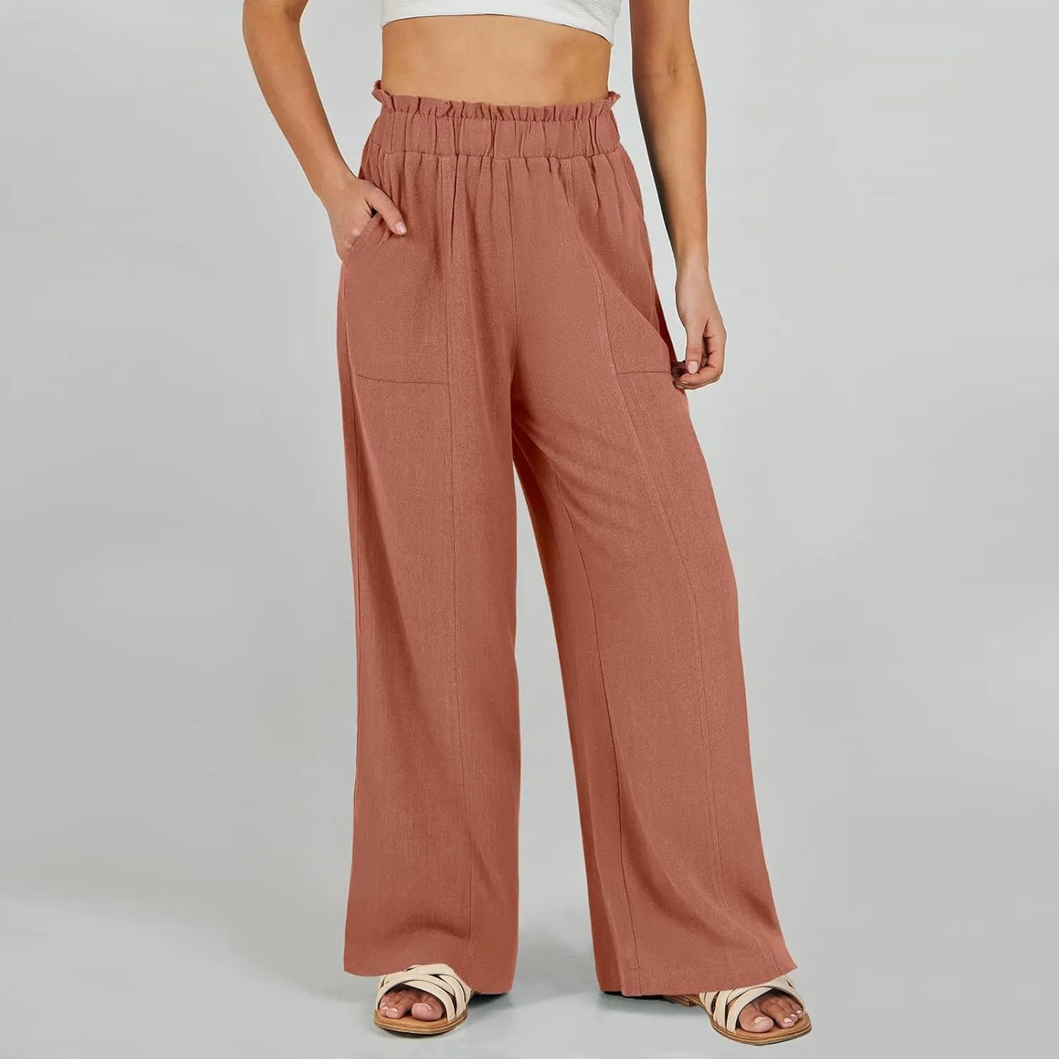 Linen Pants for Women Summer High Waisted Wide Leg Pants Baggy Casual Beach Pants Flowy Palazzo Pants with Pockets