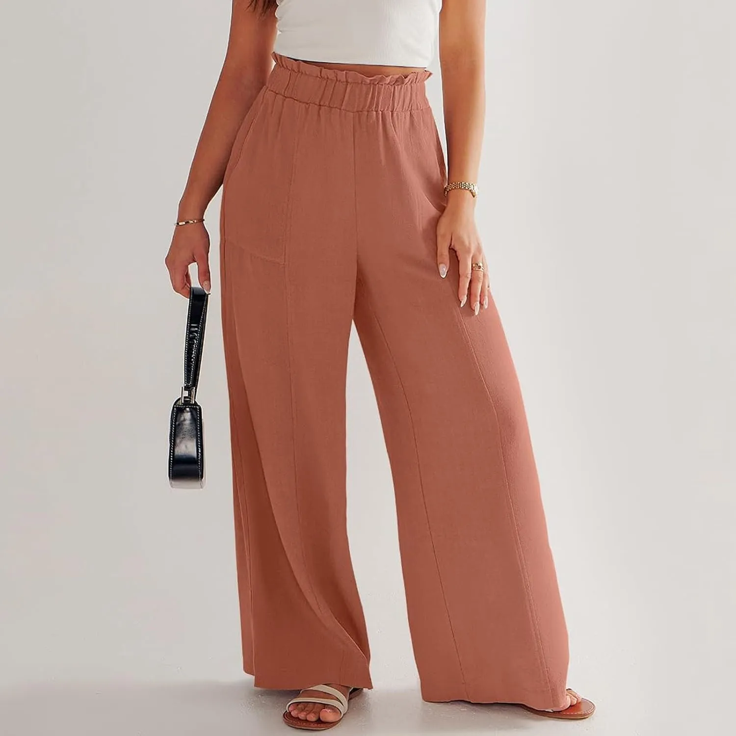 Linen Pants for Women Summer High Waisted Wide Leg Pants Baggy Casual Beach Pants Flowy Palazzo Pants with Pockets