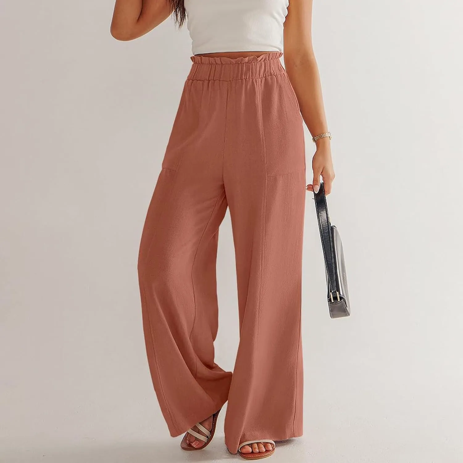 Linen Pants for Women Summer High Waisted Wide Leg Pants Baggy Casual Beach Pants Flowy Palazzo Pants with Pockets