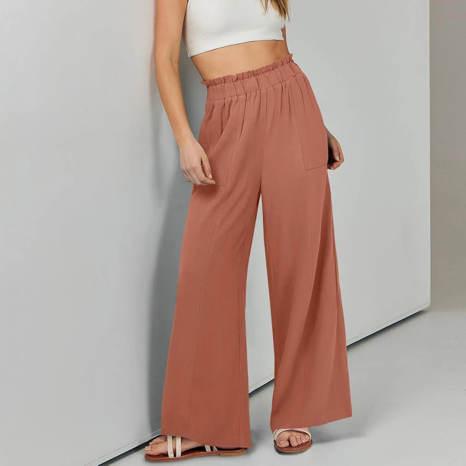 Linen Pants for Women Summer High Waisted Wide Leg Pants Baggy Casual Beach Pants Flowy Palazzo Pants with Pockets