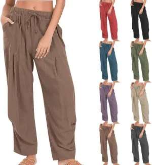 Linen Pants Women Casual Loose Elastic Waist Trousers Summer Lightweight Wide Leg Palazzo Pant Summer Outfits 2025